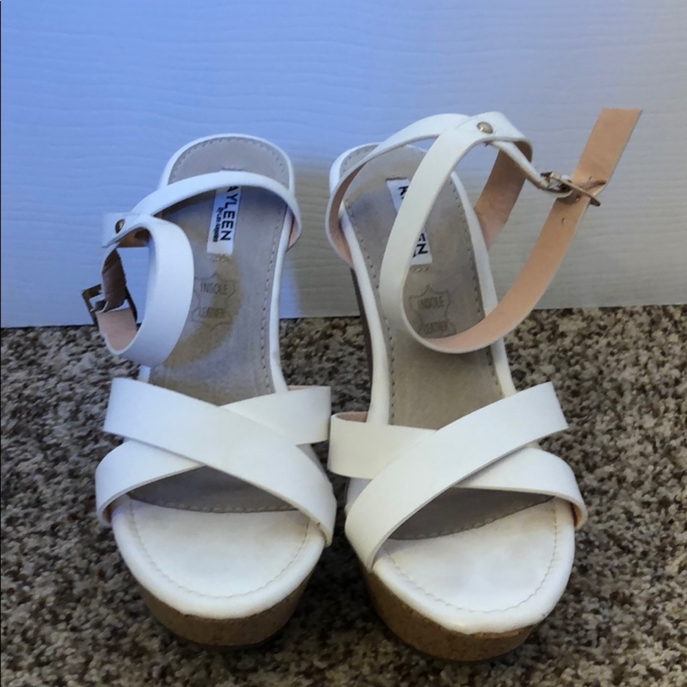 White + tan cork wedges